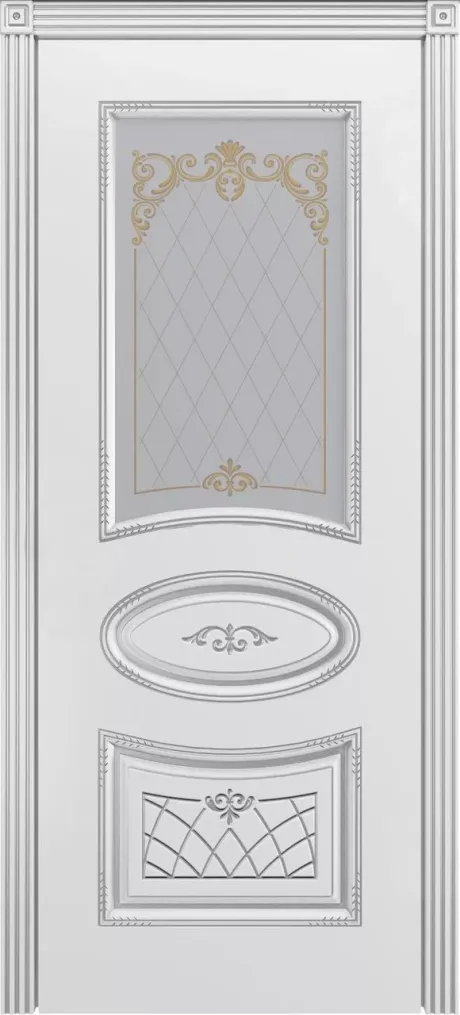Межкомнатная дверь со стеклом Ария В3 Белый с патиной Серебро Эмаль (Шейл Дорс)