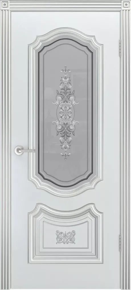 Межкомнатная дверь со стеклом Соло R-0 В3 Белый с патиной Серебро Эмаль (Шейл Дорс)