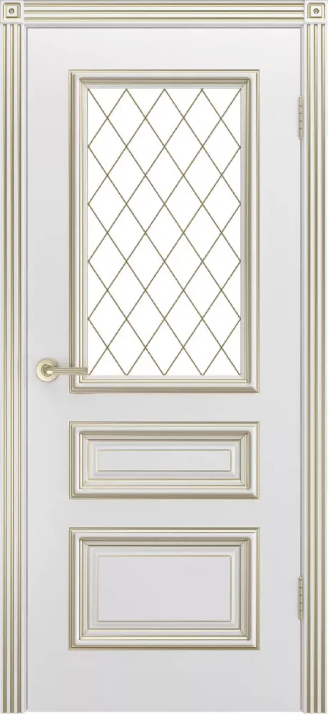 Межкомнатная дверь со стеклом Трио R-0 В1 Белый с патиной Золото Эмаль (Шейл Дорс)